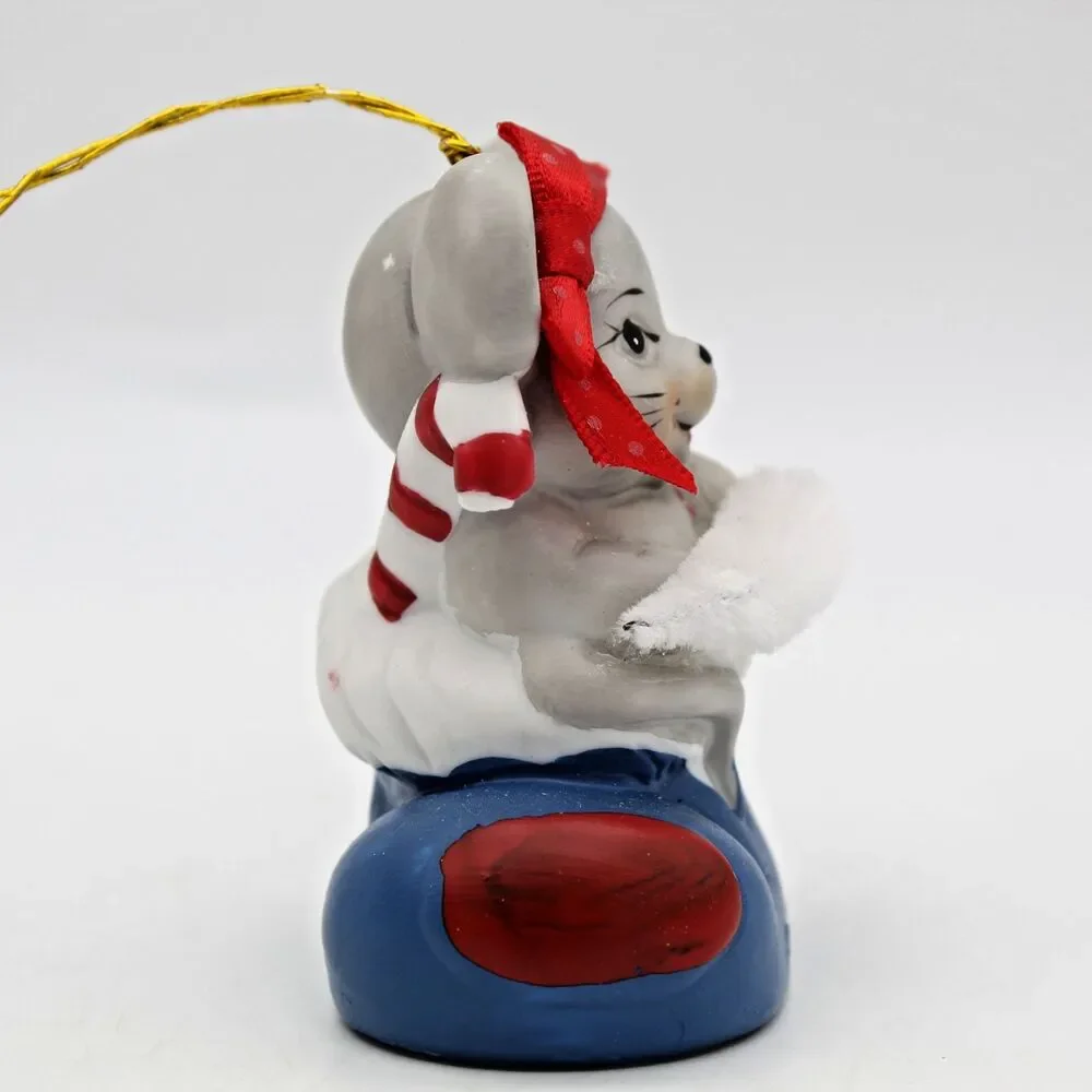 Holly Bells Porcelain Mouse Stocking Bell Ornament Vintage 1986 Original Box a